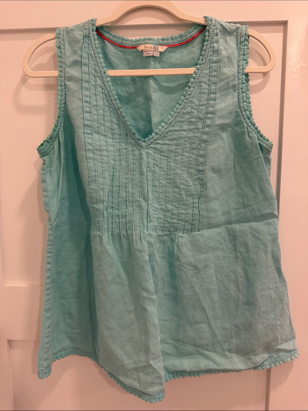 Berek Aqua Blue Pom Pom Trim Sleeveless Linen Blend Top Size 10